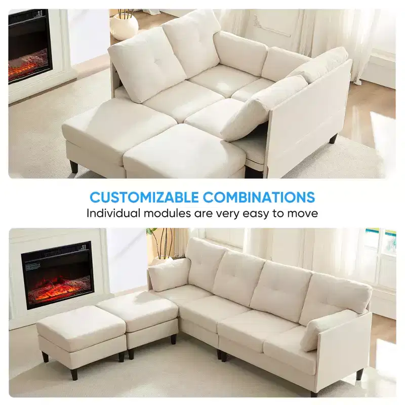 Mjkone Modular Convertible Sectional Sofa Couch, Upholstered Comfy Fabric 4-Seater Sofa with Movable Ottomans