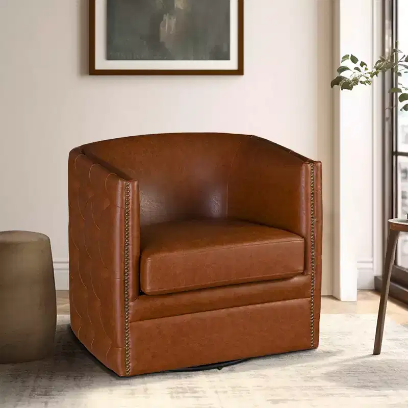 Milton Tufted Barrel Swivel Chair Brown - Madison Park: Upholstered, No Assembly, Bronze Plated Finish