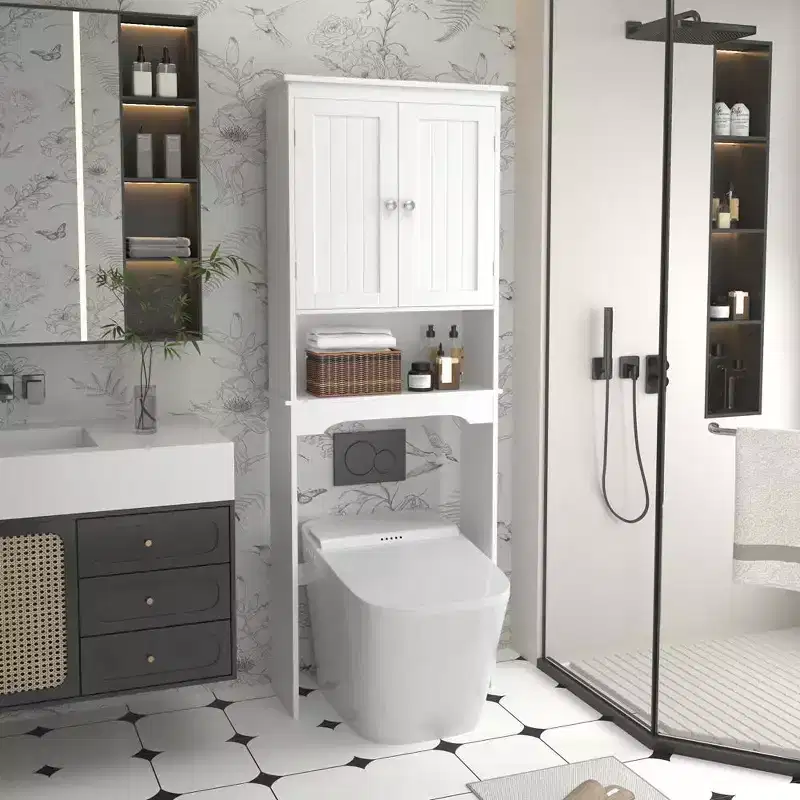 Over The Toilet Storage Cabinet, Bathroom Space Saver Storage Shelf, Freestanding Bathroom Cabinet Organizer With 2 Doors & Open Shelf