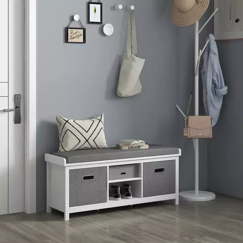 Shoe Bench with Cushion, Storage Bench for Entryway with Padded Seat, 2 Drawers and Adjustable Shelf, White
