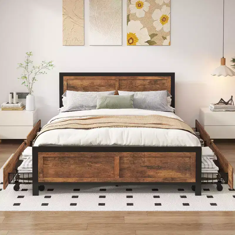 Queen Size Platform Bed Frame with/without 4 Large Storage Drawers, Heavy Duty Steel Slat Support, Noise-Free Easy Tool-Free Assembly