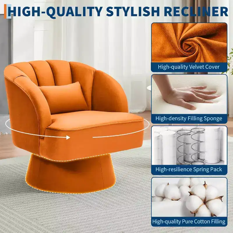 Modern Swivel Barrel Chair - 360 Swivel Accent Chair with Velvet Upholstery & Wide Cushioned Seat & Striped Backrest, Orange Round Lounge Sofa Chair