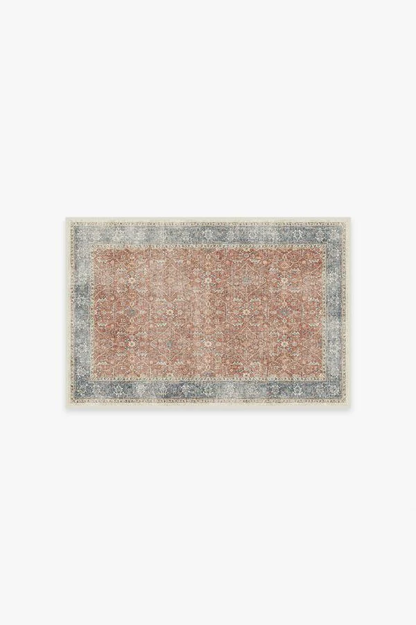 Vintage Bohemian Flatwoven Rug with Coral Blue Floral Vine Distressed Texture for Living Room & Bedroom
