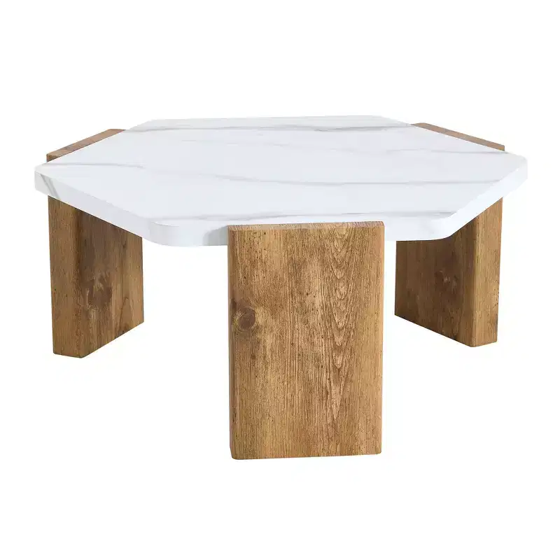 MAYEERTY White Coffee Table Faux Marble Top Triangular Wood Base, 31 Inch