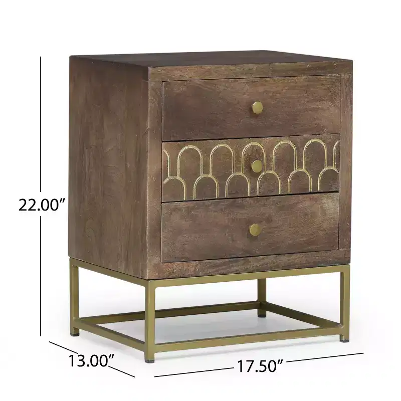 3-Drawer Mango Wood Nightstand with Gold Fish Scale Pattern & Iron Legs, Mid-Century Modern