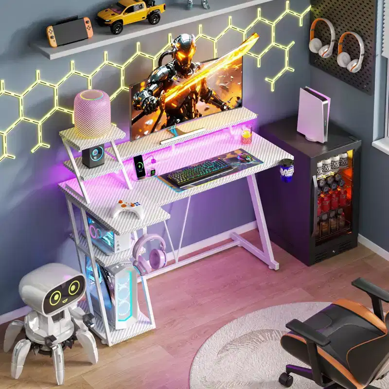 39 inch White Gaming Desk Small L Shaped Computer Table with Monitor Stand Storage Shelves Modern Gamer Corner Desk Office Carbon Fiber Sturdy Study