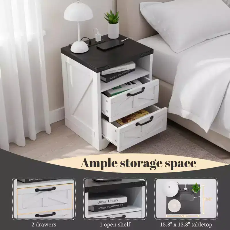 Nightstand with Charging Station, 2 AC Outlets & 2 USB Ports, Industrial Bedside Table with 2 Drawers for Bedroom