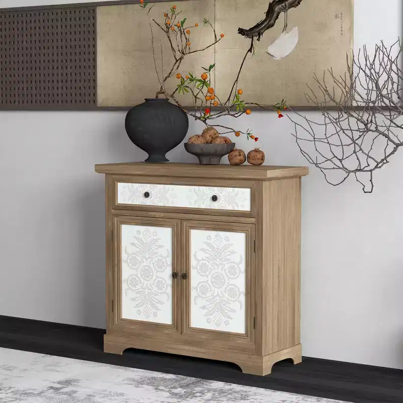 Rustic Storage Cabinet with Drawers and Metal Doors