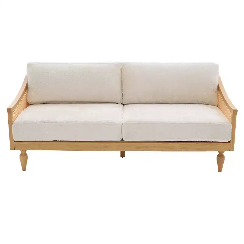 Christopher Knight Home Sachiko 70.9 Mid-Century Modern 2-Seater Rubberwood Chenille Upholstered Sofa with Rattan Armrests