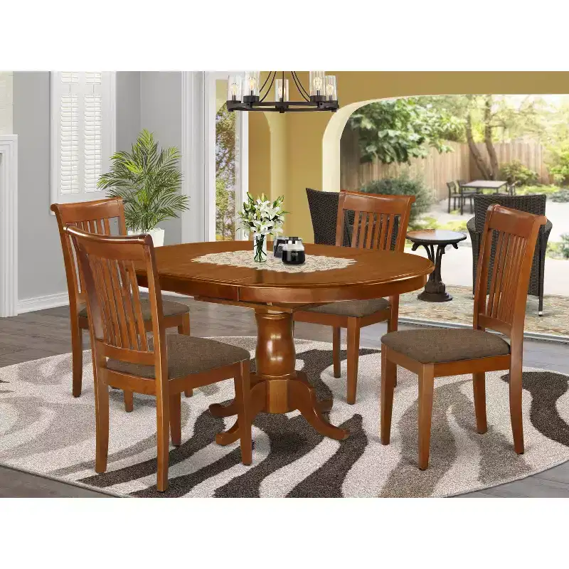 HomeStock Oval Kitchen Dining Table Set with 6 Chairs Saddle Brown