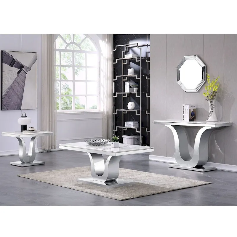 White Coffee Table with Stainless Steel Silver U Base and 48 smooth white textured top For Living Room