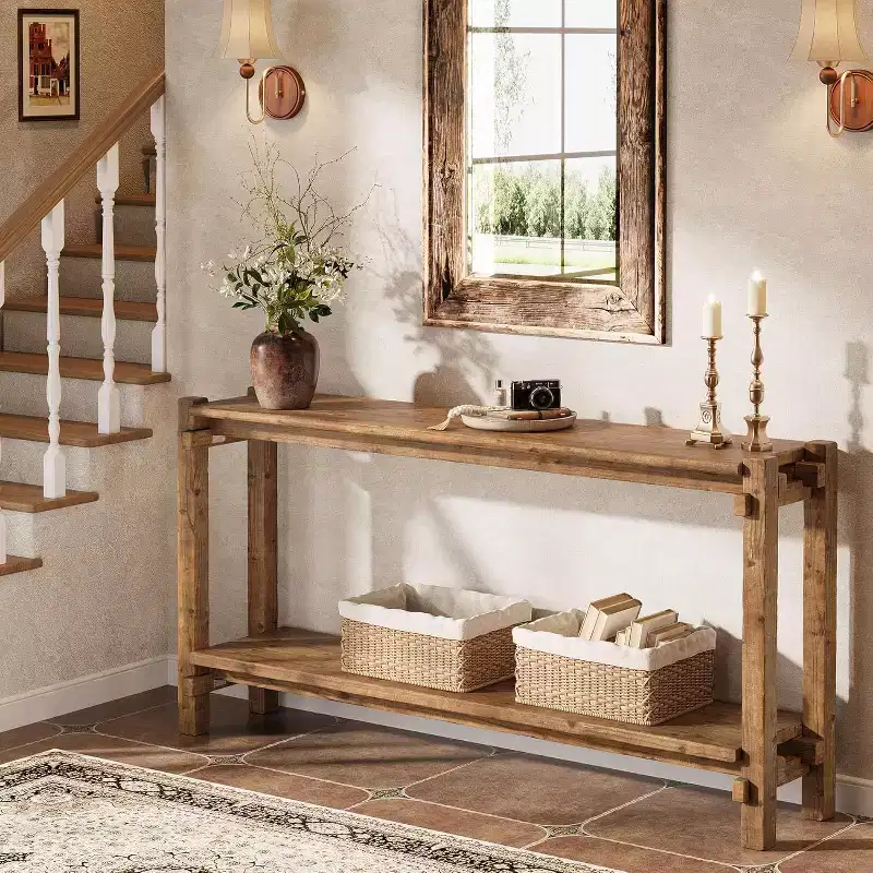 Lantine 63-Inch Solid Wood Console Table, 2-Tier Farmhouse Entryway Table for Living Room, Entrance, Behind Sofa