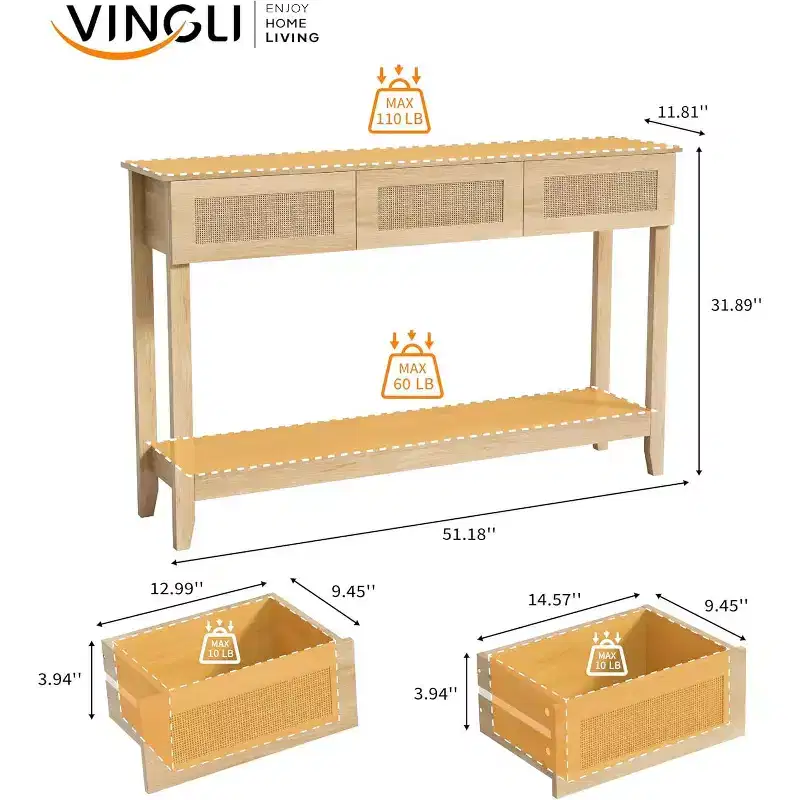 VINGLI 51 Console Table with Drawers, Rattan Entryway Table with Storage Shelf, Boho Narrow Sofa Table for Living Room, Natural Rattan