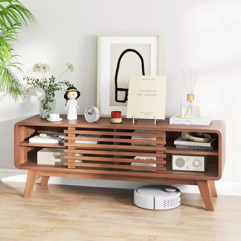 Costway TV Stand w/Sliding Door Adjustable Shelves & Rubber Wood Legs for TVs up to 55''