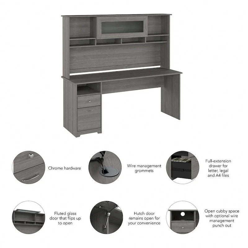 72W Computer Desk with Hutch and Drawers by