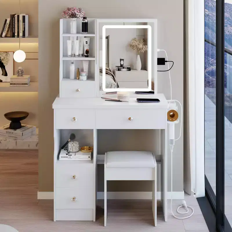 Okak Modern Makeup Vanity with Cushioned Stool, Vanity Desk with Mirror and 5 Drawers, Compact Vanity 6 Shelves for Bedroom, Living Room