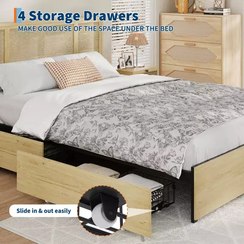Full-size bed frame with bohemian rattan headboard, wooden slatted base and metal frame support, sturdy and quiet construction, easy assembly.