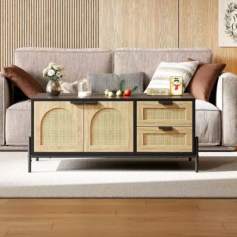 Coffee Table with Open Shelves, 2 Tier Modern Industrial Design for Living Room