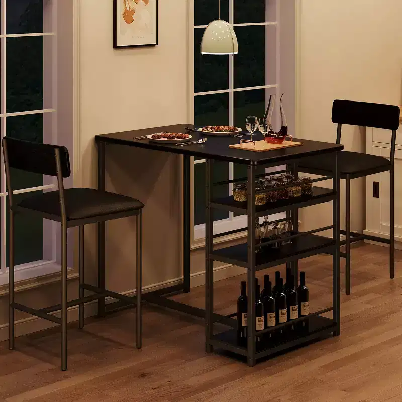 Counter Height Kitchen Table with 2 Upholstered Bar Stools, Wood Dining Table Chairs Set for 2 with Storage Shelves, for Small Space, Apartment