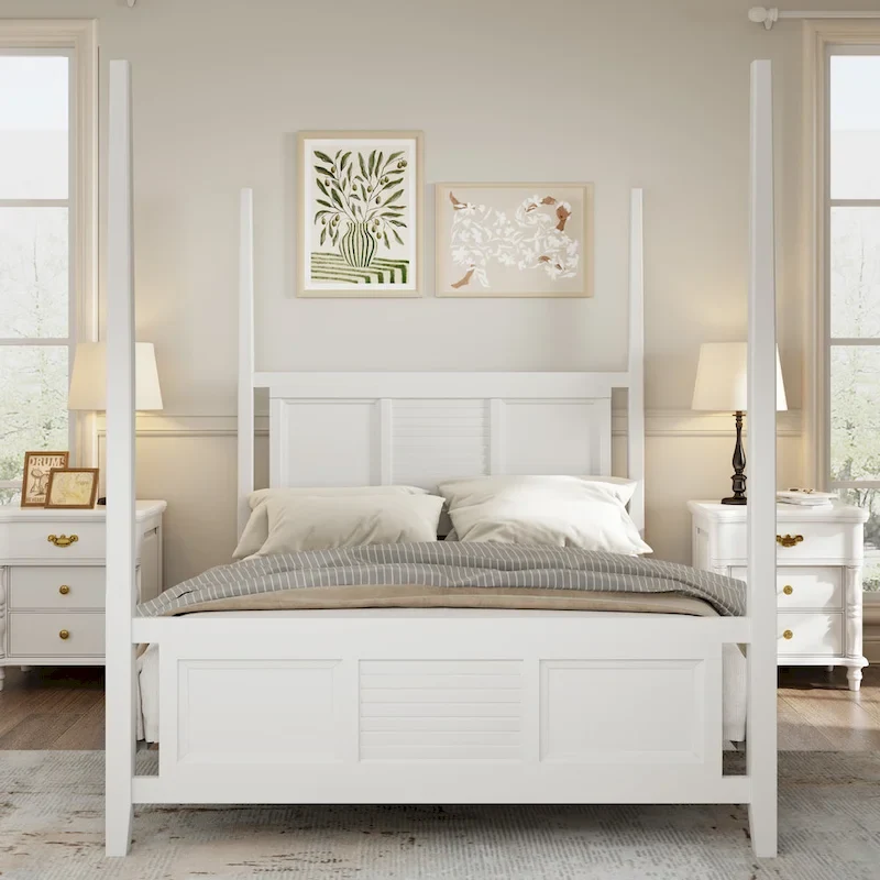 Roomfitters Queen Size Poster Bed, Traditional Wood Frame, Horizontal Grille Design, White