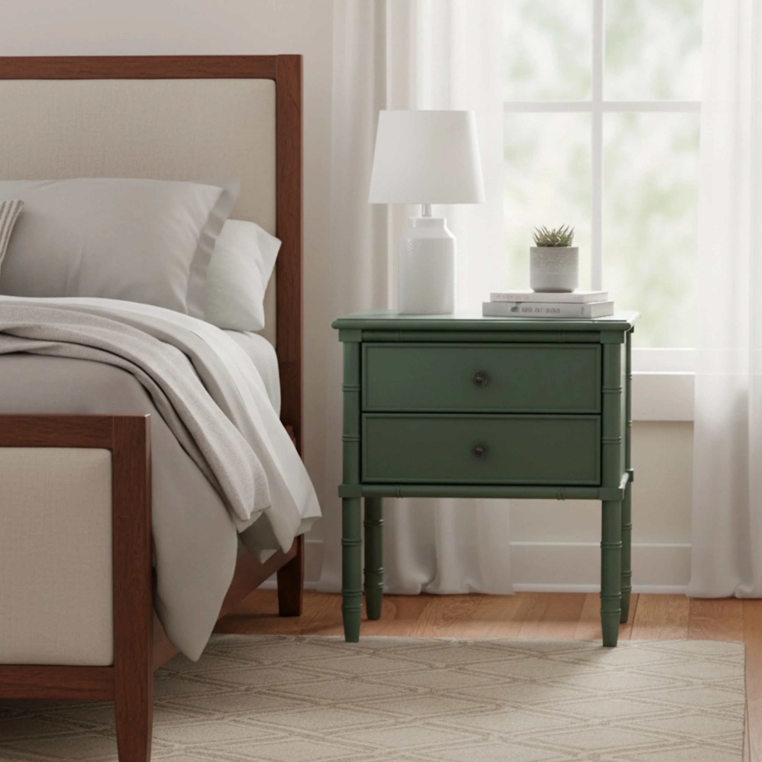 2-Drawer Carved Wood Nightstand with Bamboo-Style Legs and Brass Knobs