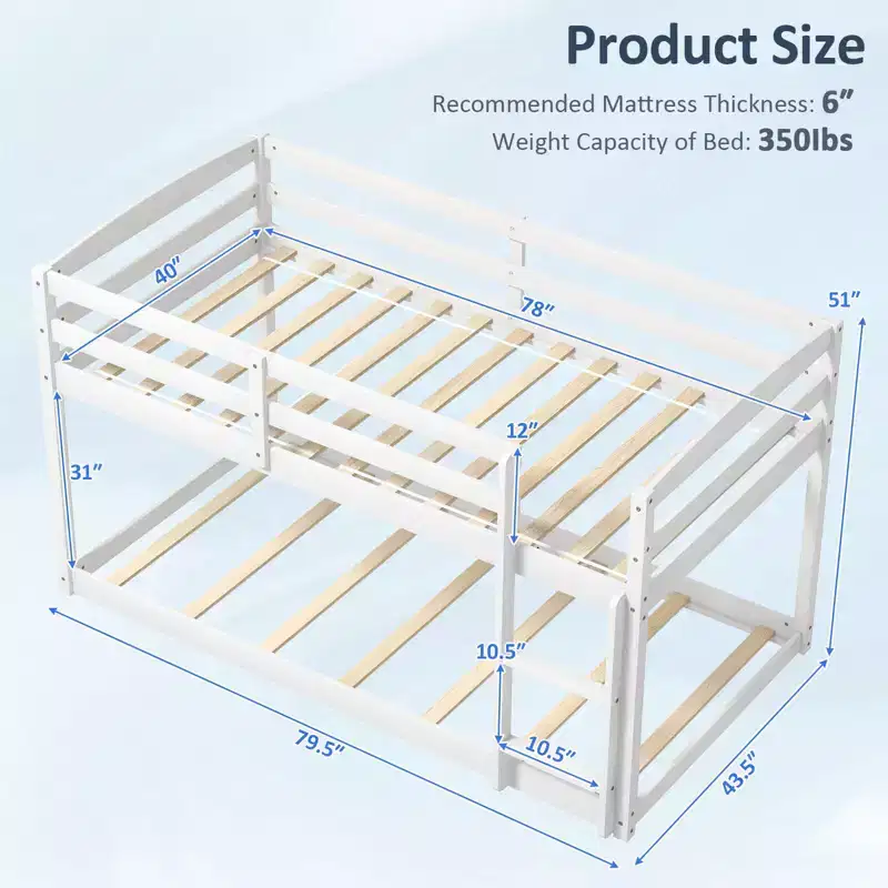 Costway Twin over Twin Low Bunk Bed with Guardrails Integrated Ladder Kids Wooden Grey/White/Beige/Pink