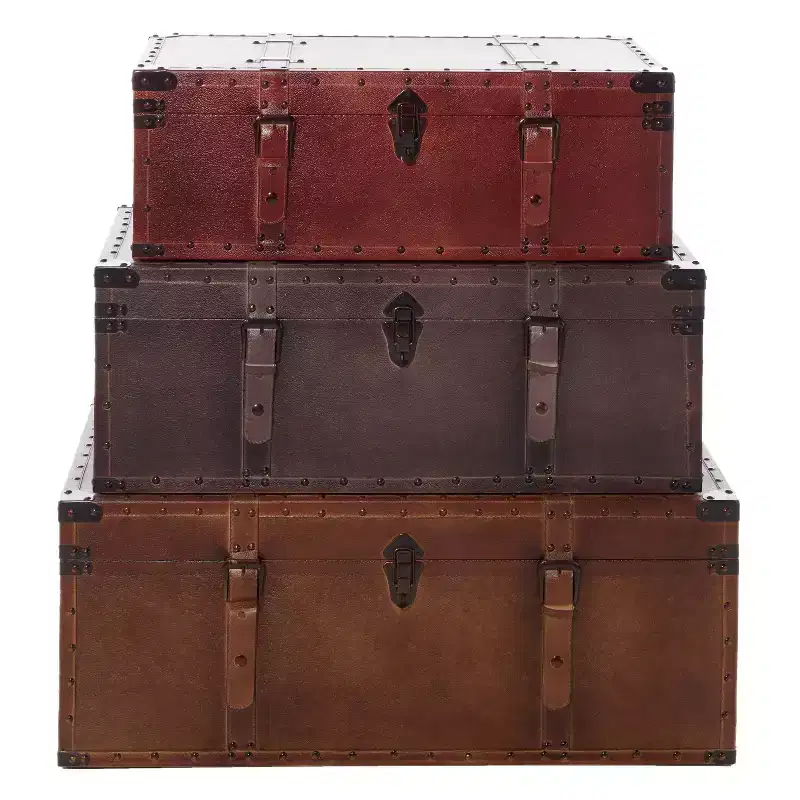 Olivia & May Rectangular Rustic Faux Leather Trunk Coffee Table Brown: Vintage-Inspired Storage Solution, No Assembly Required