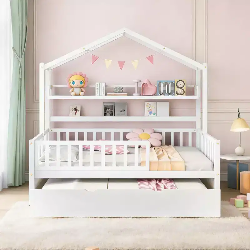 Luxystar Wood House Bed Frame with Trundle and Shelves, White