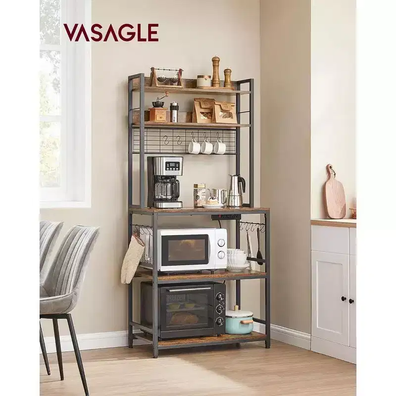 VASAGLE Hutch Bakers Rack with Power Outlet, 14 Hooks Microwave Stand, Adjustable Coffee Bar with Metal Wire Panel, Kitchen Storage Shelf