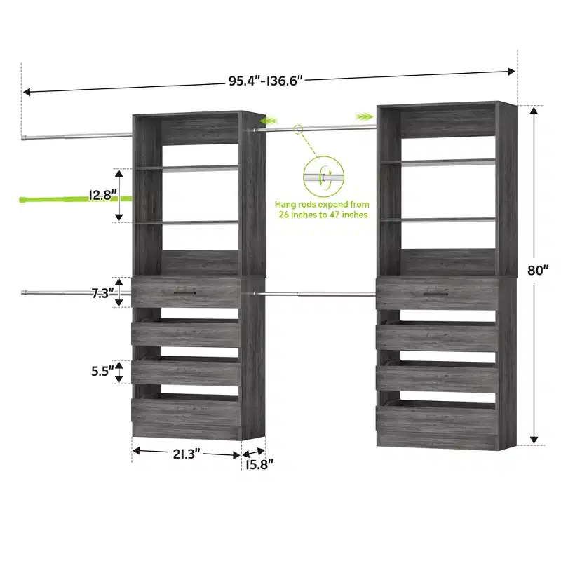 Besiost Closet System with 8 Wooden Drawers and 4 Hanging Rods