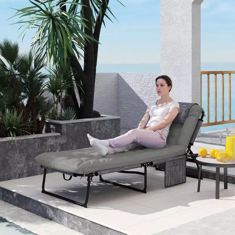 Folding Chaise Lounge Pool Chair with 4-level Reclining Back, Cushion, Side Pocket, Headrest