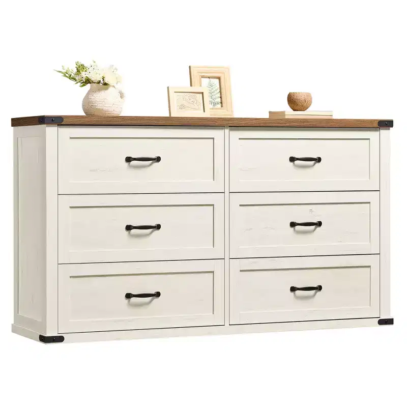 6-Drawer Dresser, 54-Inch Wide, Modern Farmhouse Style, TV Stand with Metal Handles and Anti-Tip Brackets