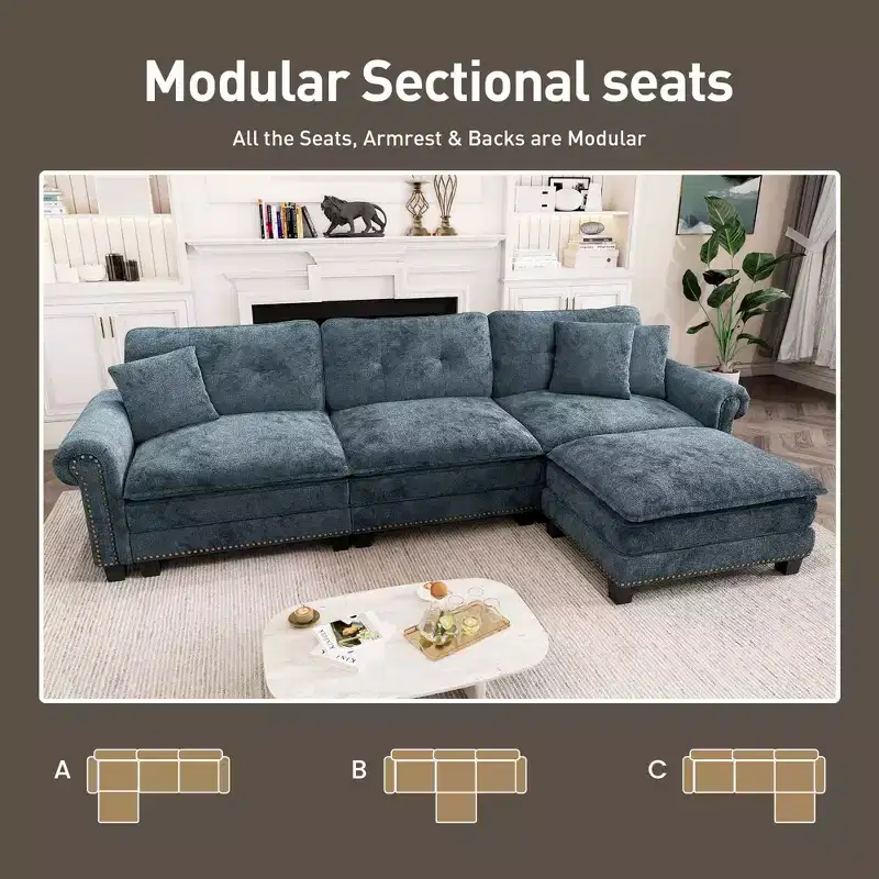 Upholstered Indoor Sofa with Ottoman, Solid Wood Frame, Pocket Spring Seat & Throw Pillows