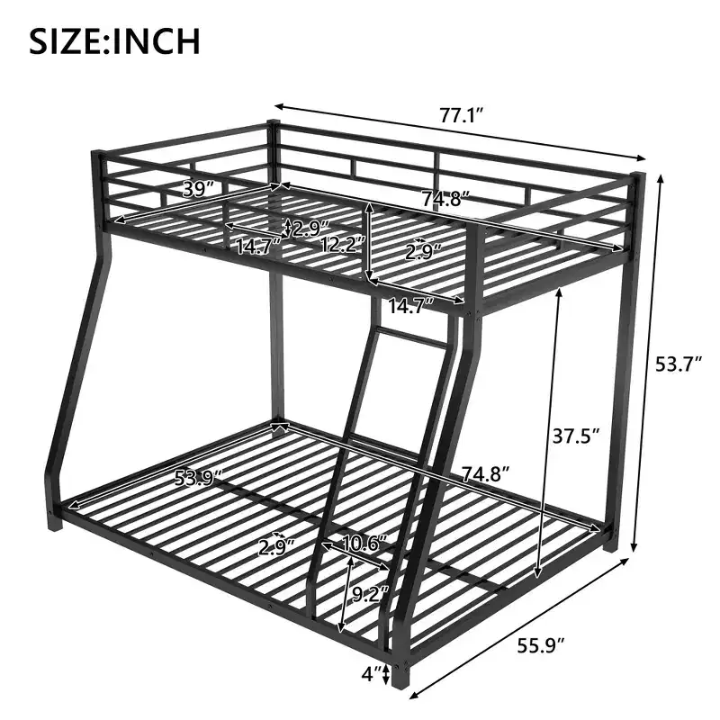 Twin over Full Metal Bunk Beds with Trundle, Heavy Duty Low Bunk Bed Frame for Kids Teens Adults, Black