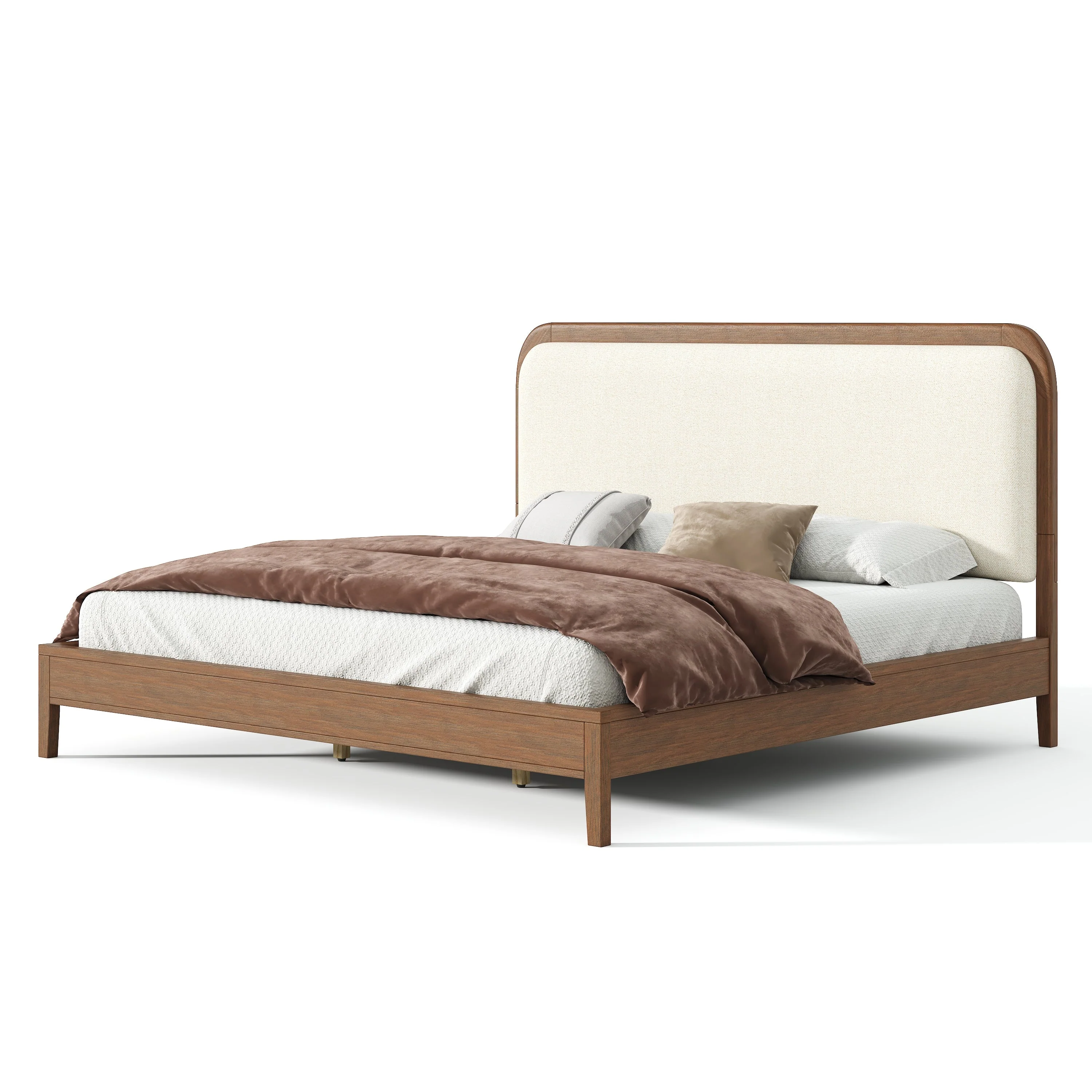 Acacia Wood Bed Frame With Beige Upholstered Headboard