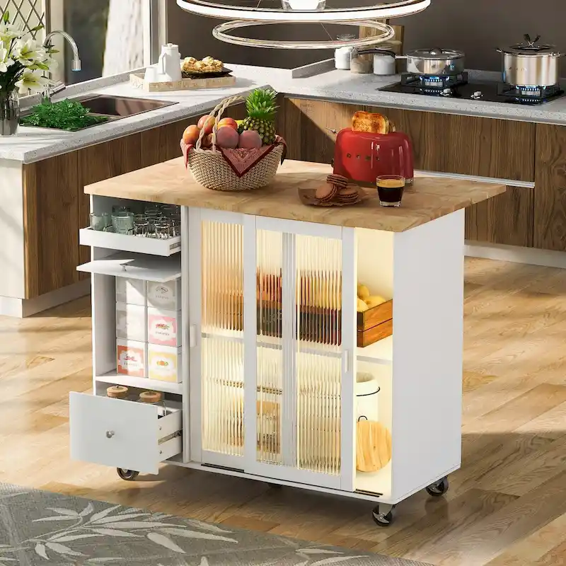 Kitchen Island Cart with Drop-Leaf Countertop, LED Lighting, Fluted Glass Doors, Adjustable Shelf, and Two Drawers