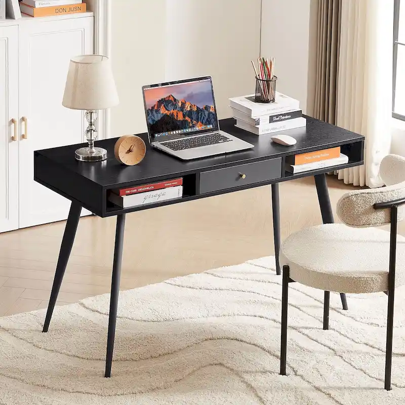 Mid Century Writing Study Desk with Built In USB and Power Outlet and 2 Storage Spaces for Home Office and Study or Bedroom