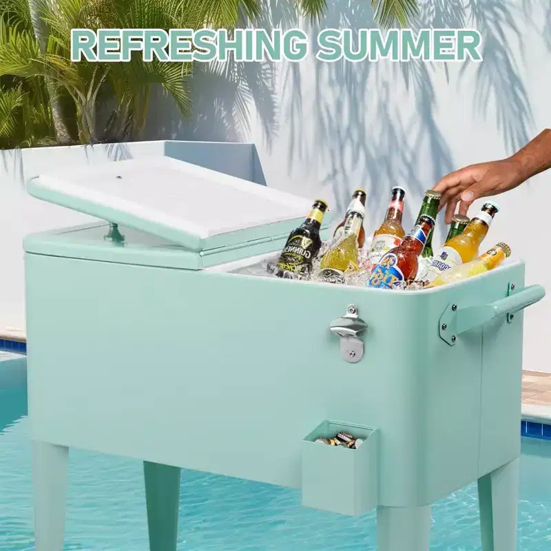 80 Quart Rolling Ice Chest Portable Bar Drink Cooler with Catch Basin and Bottom Storage Tray - Green