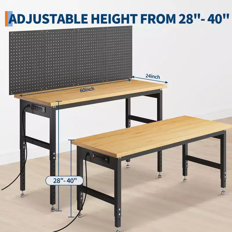 60 in Adjustable Height Workbench, Max. 2200 LBS Capacity Wood Work Bench Table, Heavy Duty Work Station for Garage, Shop, Home, Office