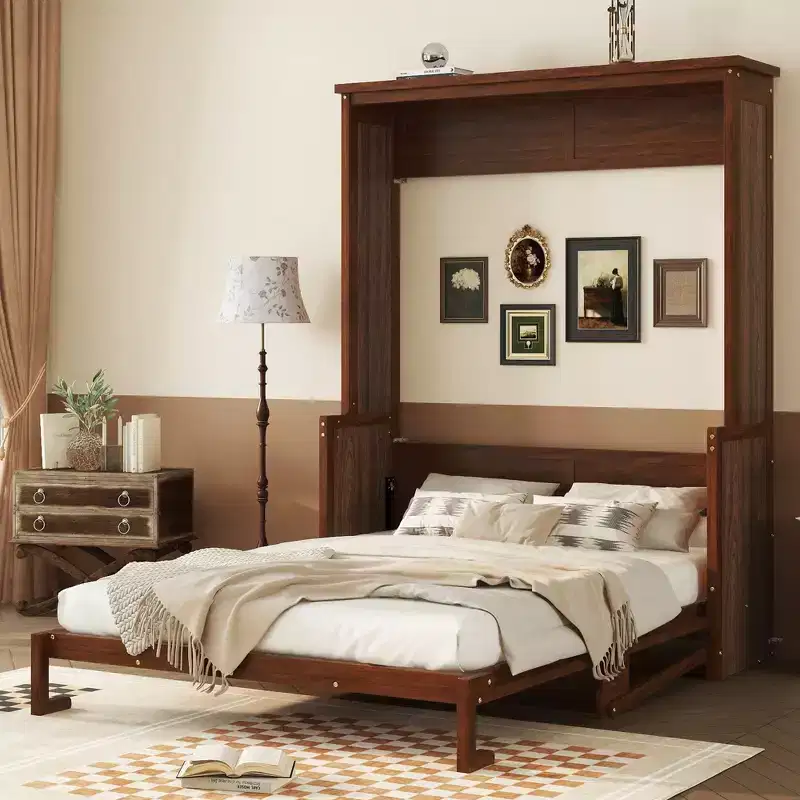 Queen Wood Murphy Bed Frame, Hidden Wall Bed Cabinet with Gas Struts(Upgraded) - Walnut