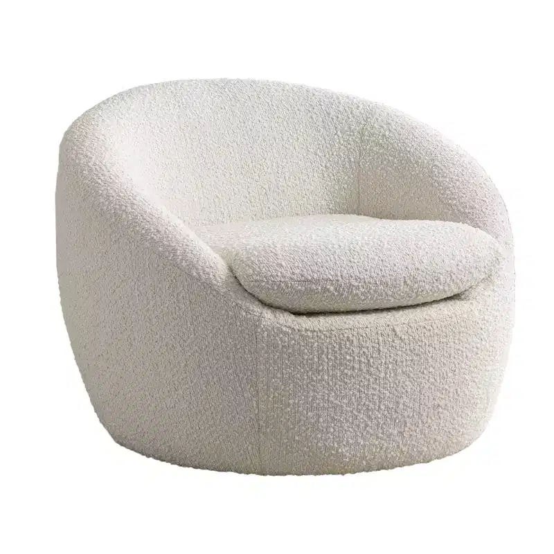 Modern Boucle Swivel Barrel Accent Chair with 360° Base and Cushioned Seat, White