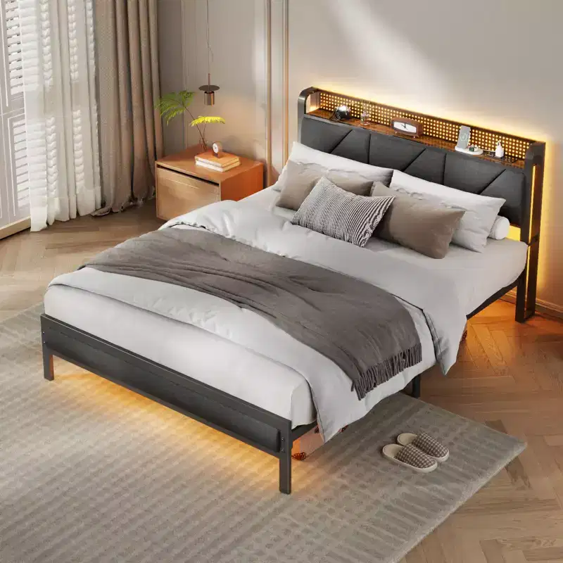 Queen Size Platform Bed Frame Upholstered Headboard LED Lights Charging Station Heavy Duty Metal Support No Box Spring Needed Modern Bedroom USB