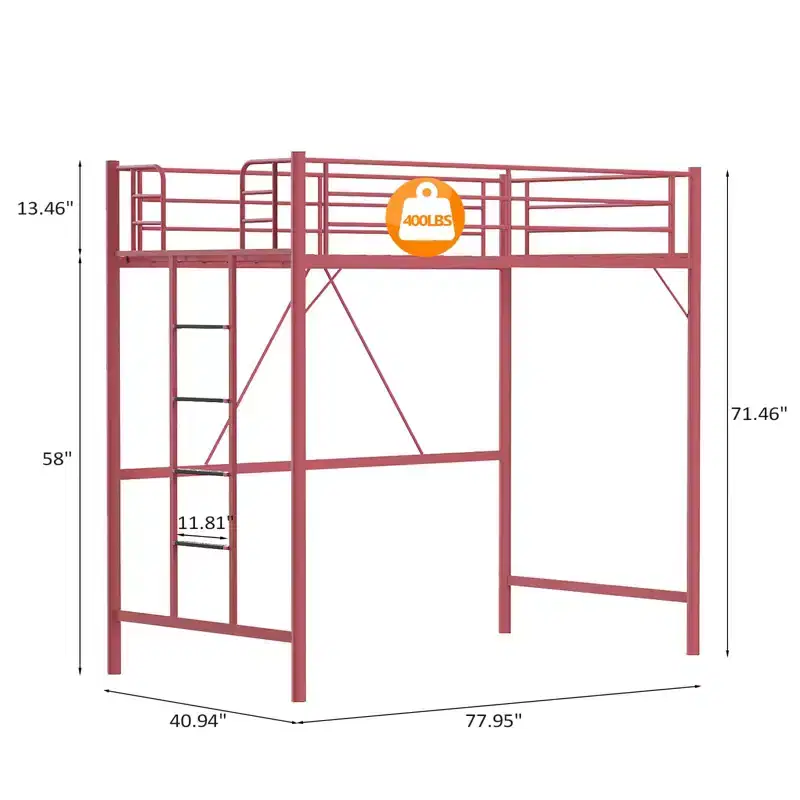VINGLI Twin Loft Bed with Flat Rungs for Adults, Kids and Young Teens, No Box Spring Required,Heavy Duty Metal Slat Support, Pink