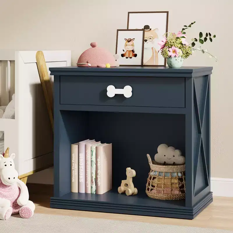 Heynemo Blue LED Sideboard with Drawer and Shelf, Wooden End Table with LED Light, Bedside Storage Cabinet Pet House with Bone-Shaped Handle, Office