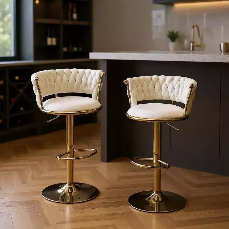 HomeRoots Set of Two Beige and Gold Velvet and Metal Low Back Adjustable Height Swivel Bar Chairs