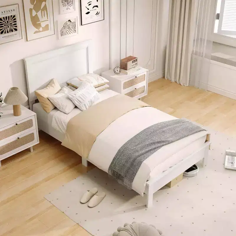 Costway Twin/Full/Queen Size Bed Frame Platform Slat High Headboard Bedroom Rubber Wood Leg White