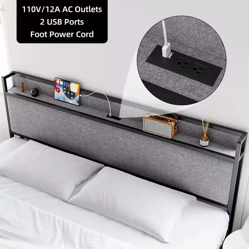 Upholstered King Platform Bed with Storage Headboard, 2 Drawers & Charging Station for 1