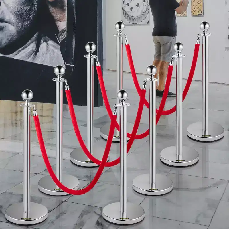 VEVOR Crowd Control Stanchion, Set of 8 Pieces Silver Stanchion Set, Stanchion Set with 5 ft/1.5 m Red Velvet Rope, Crowd Control Barrier, Silver