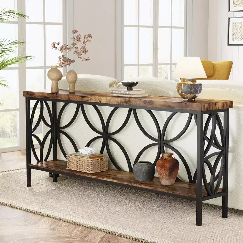 Industrial Metal Extra Long Console Table with Storage Base, Modern Narrow Entryway Table, Sofa Table for Hallway, Living Room