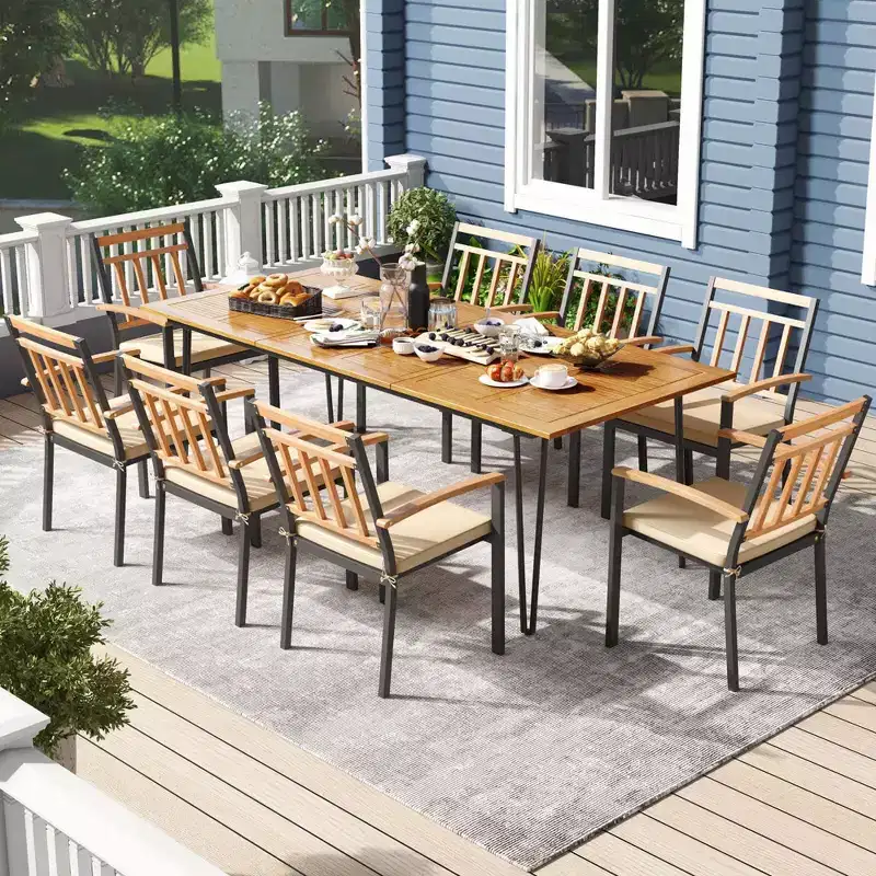 Costway 9 PCS Patio Dining Set with 8 Chairs Acacia Wood Table Top Umbrella Hole for Yard